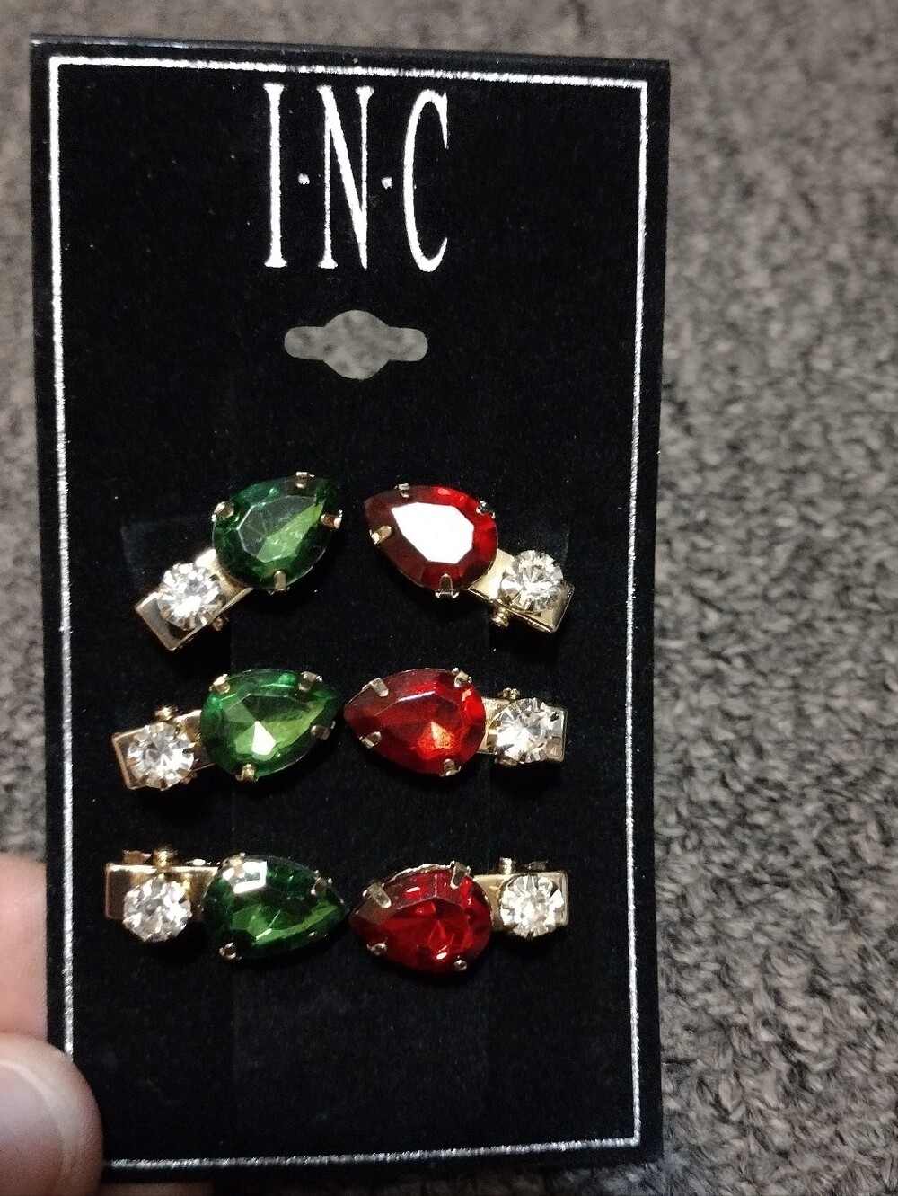 INC International Concepts Green & Red Teardrop Crystal Clip Barretts 6 CT